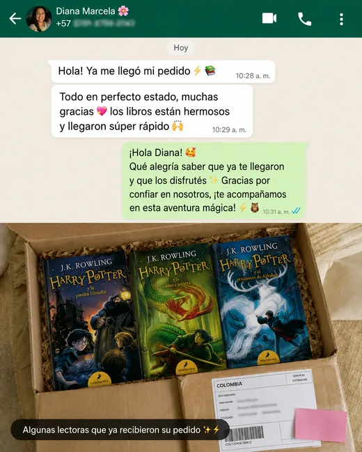 Mensaje de WhatsApp de Diana Marcela mostrando sus libros de Harry Potter recibidos
