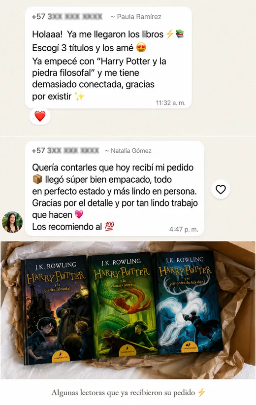 Mensaje de WhatsApp de Paula Ramírez mostrando sus libros de Harry Potter recibidos