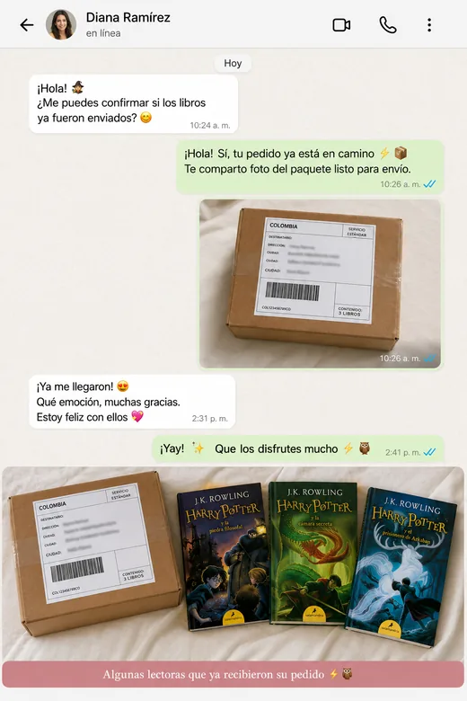 Mensaje de WhatsApp de Diana Ramírez mostrando sus libros de Harry Potter recibidos